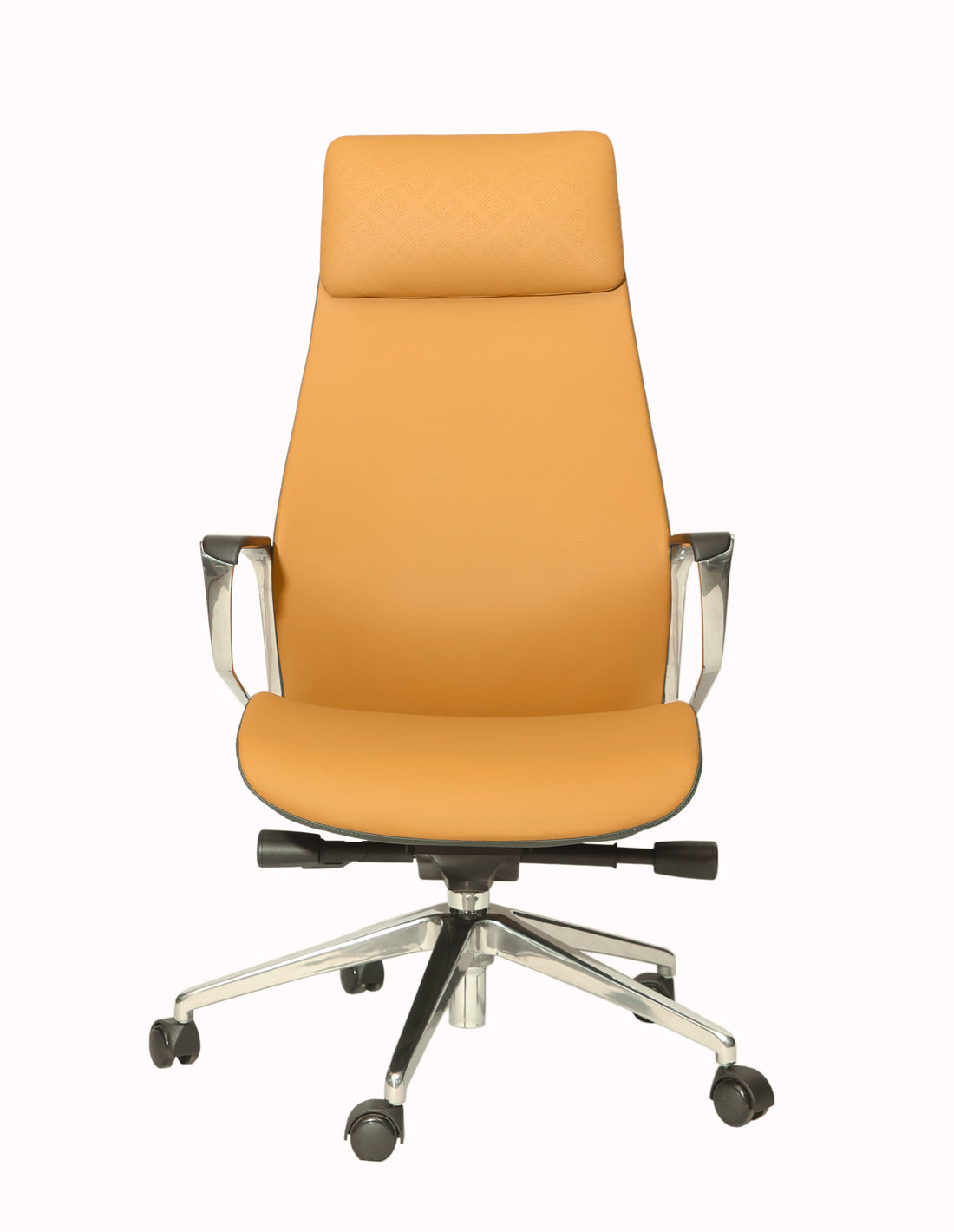 A tan office chair with a high back, armrests, and a five-pronged base with castors.