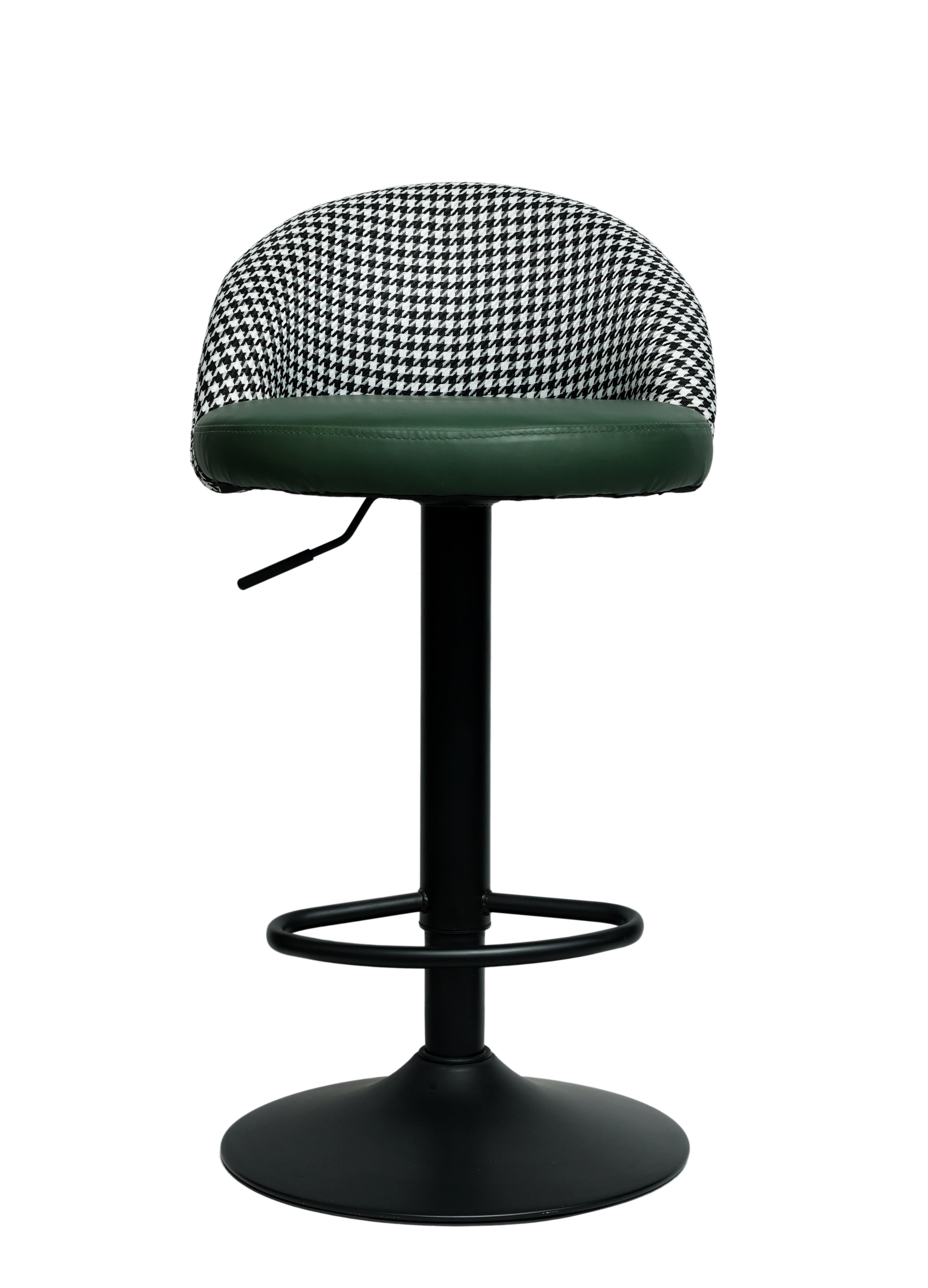 Bar stool with checkered cushioned seat and green base on a white background