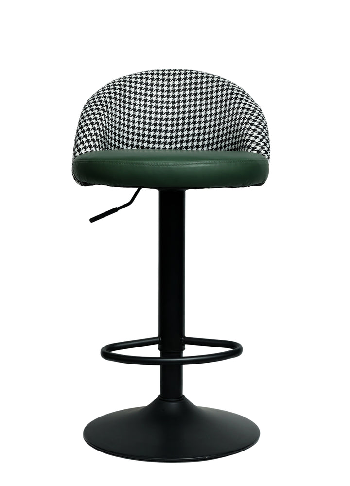 Bar stool with checkered cushioned seat and green base on a white background