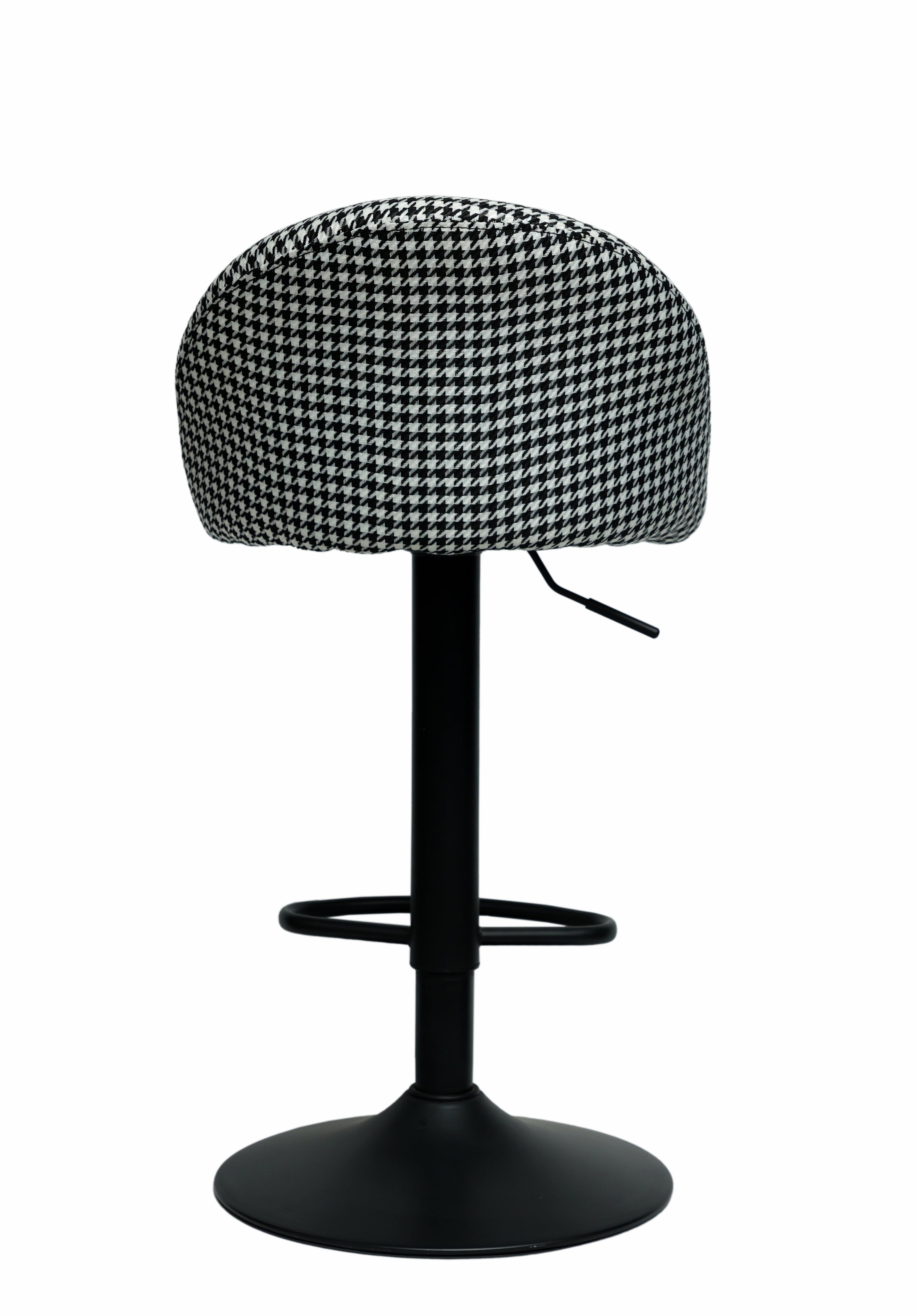 Bar stool with houndstooth patterned cushion on a white background