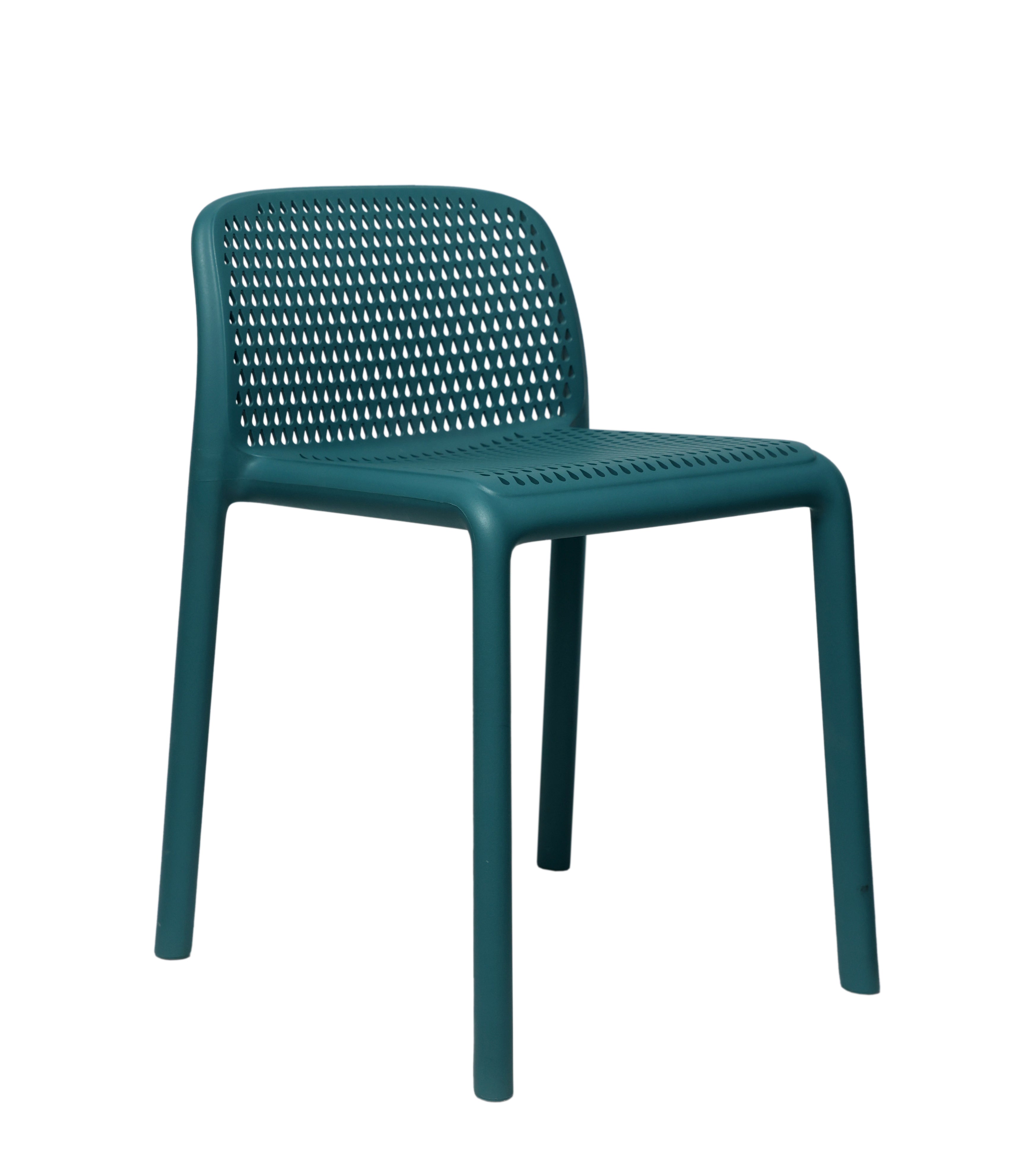 Teal chair with a perforated design on a white background