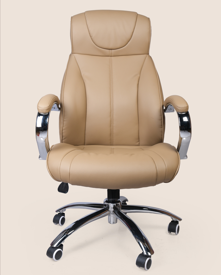 Beige office chair with chrome accents on a beige background