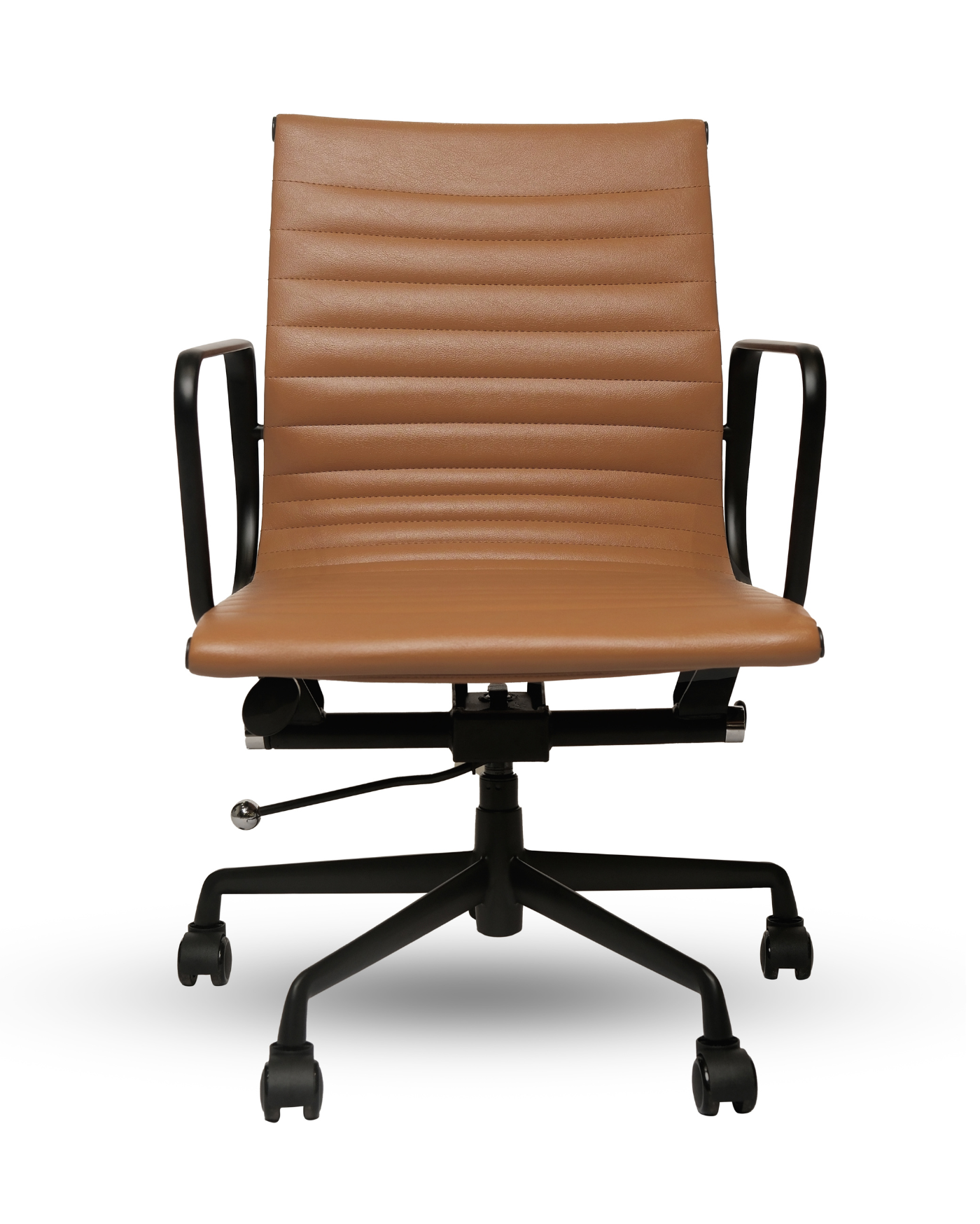 Brown office chair with black frame and wheels on a white background