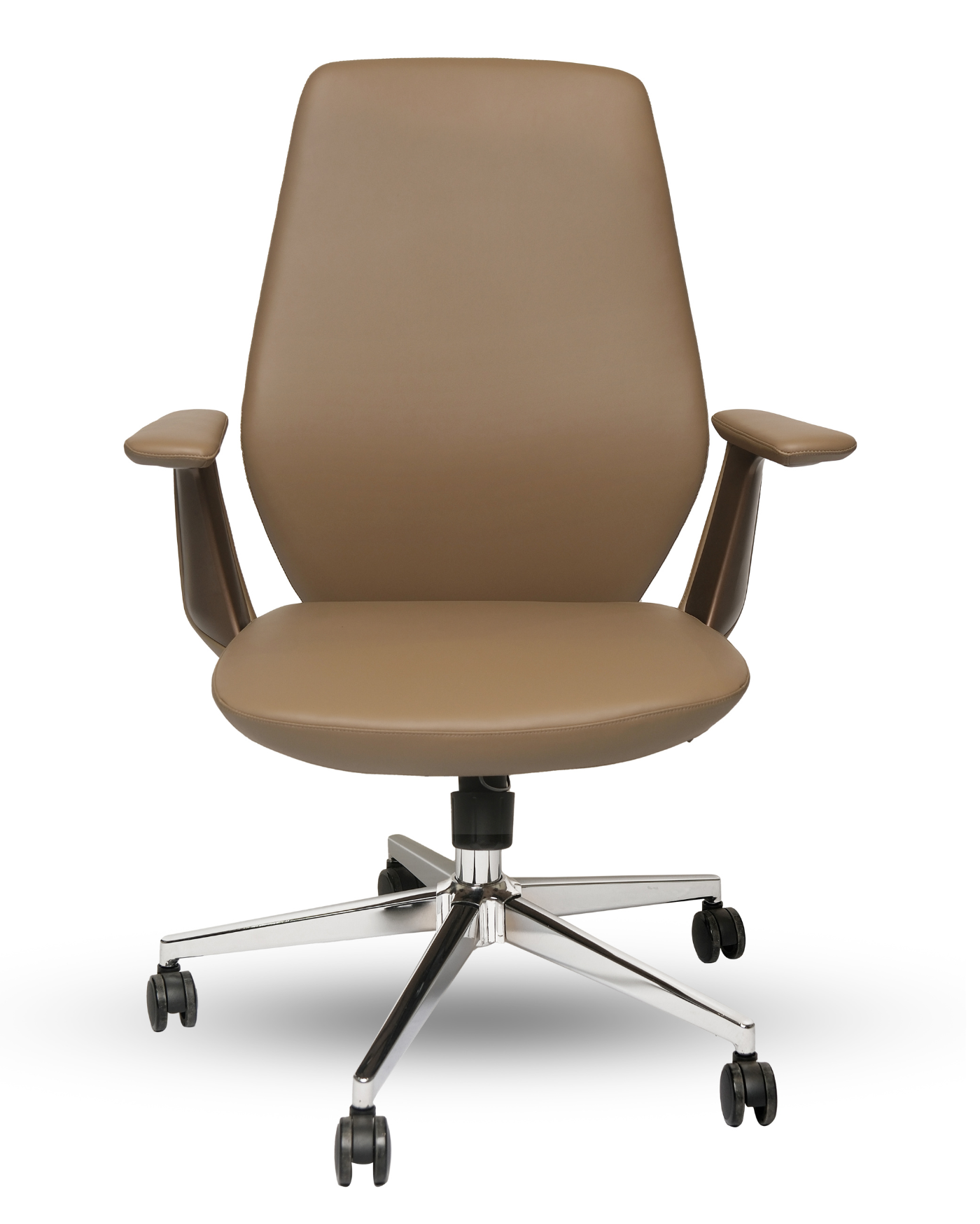 Brown office chair with a high backrest on a white background