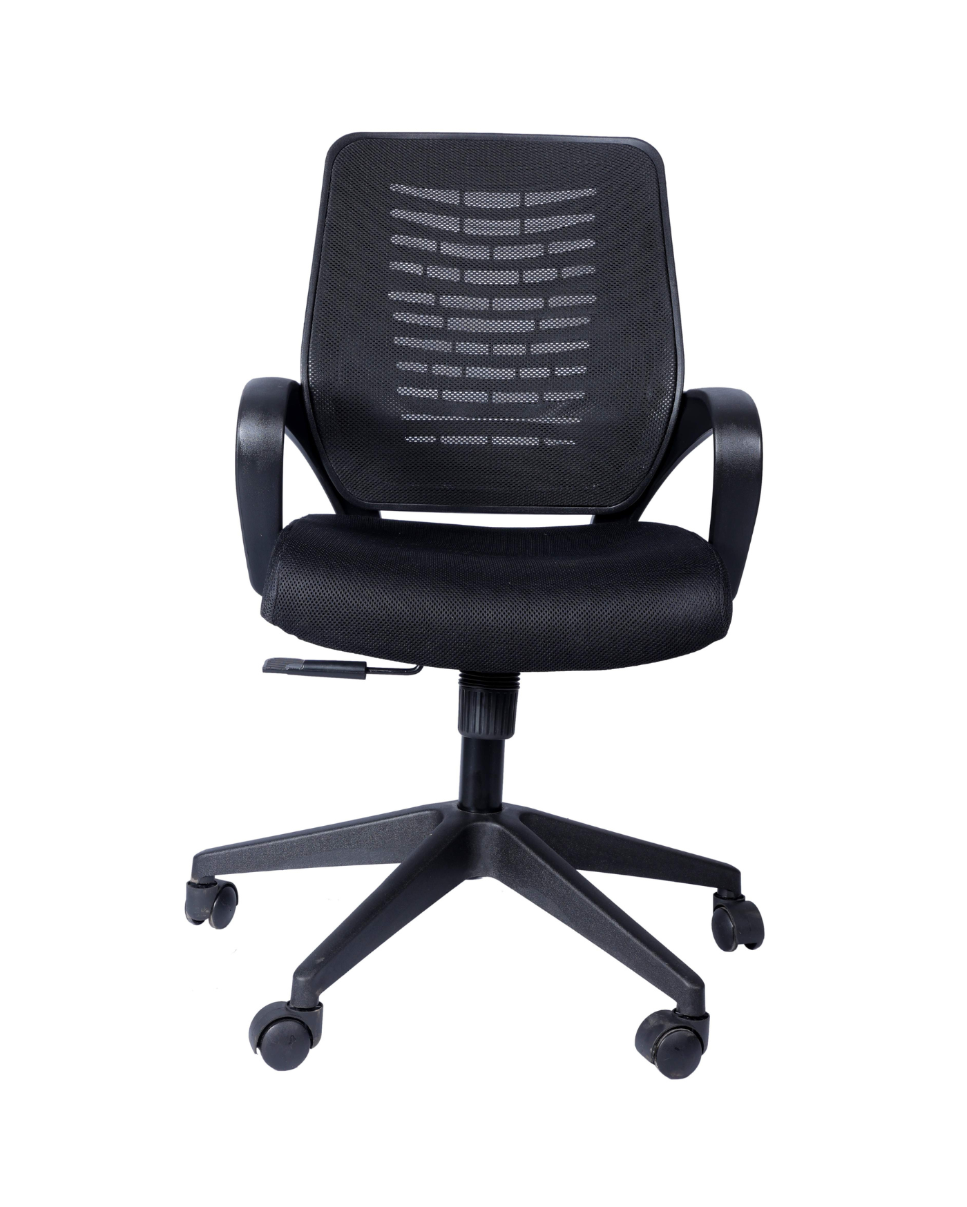 Black office chair with mesh back on a white background