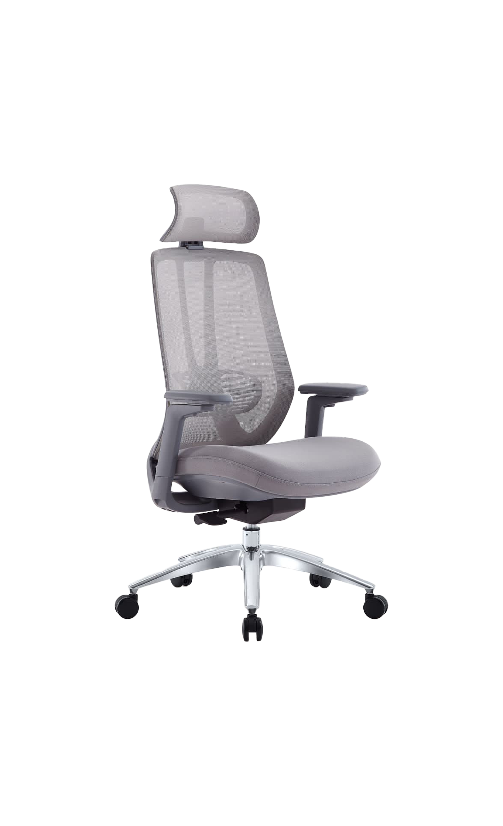 Gray office chair with headrest on a white background