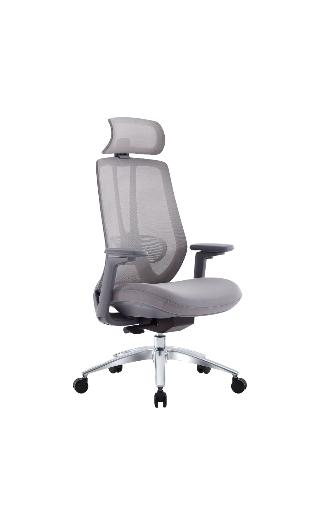 Gray office chair with headrest on a white background