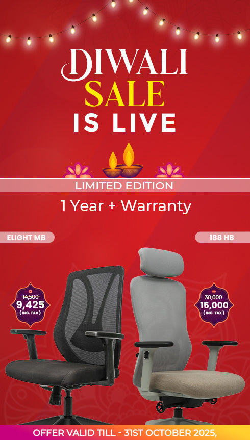 Promotional banner for office chairs with Diwali sale text on a red background