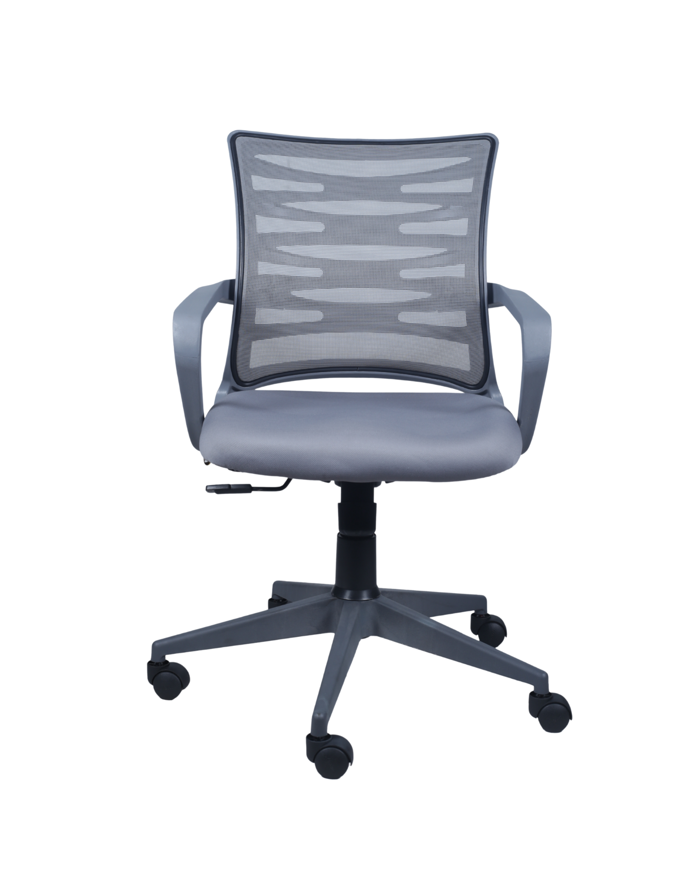 Gray office chair with mesh back on a white background