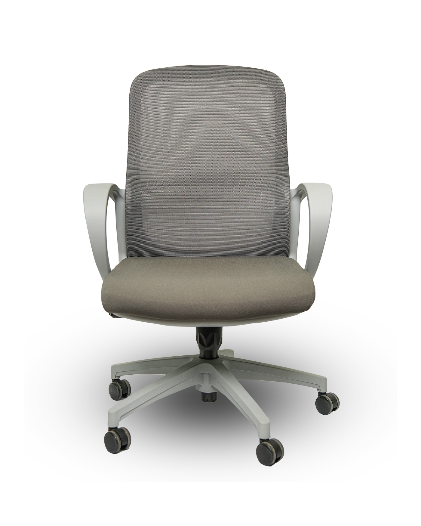 Gray office chair with mesh back on a white background