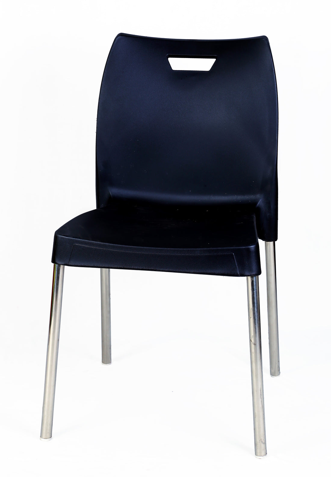 Navy blue chair with silver metal legs on a white background