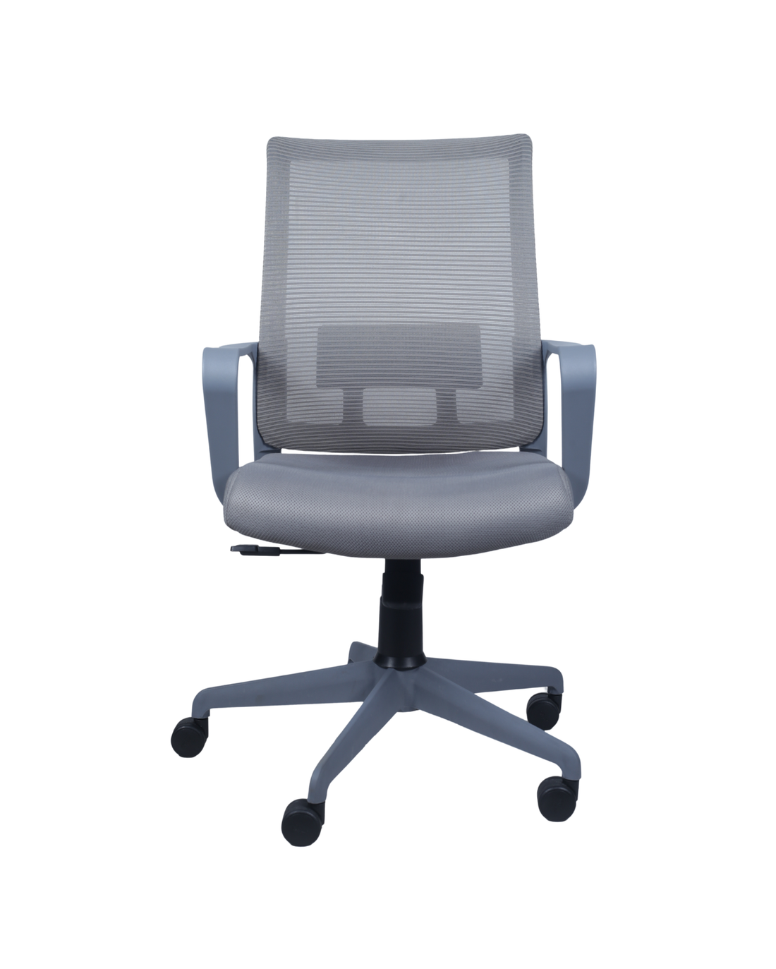 Gray office chair with mesh back on a white background