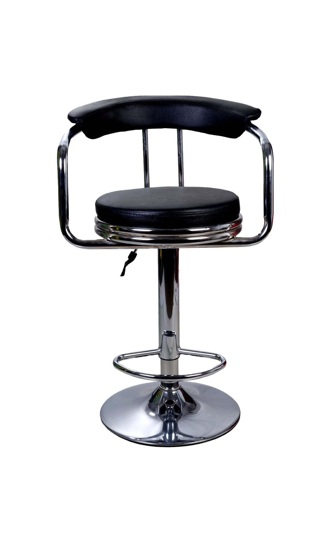 Bar stool with black seat and backrest on a white background