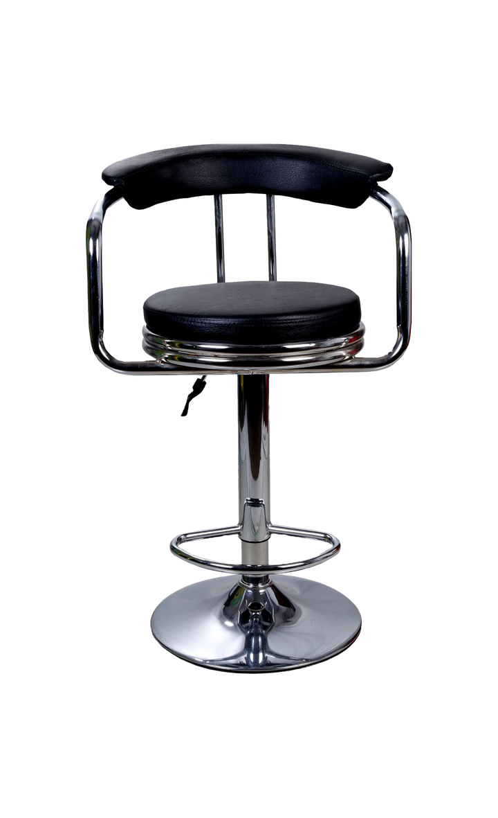 Bar stool with black seat and backrest on a white background