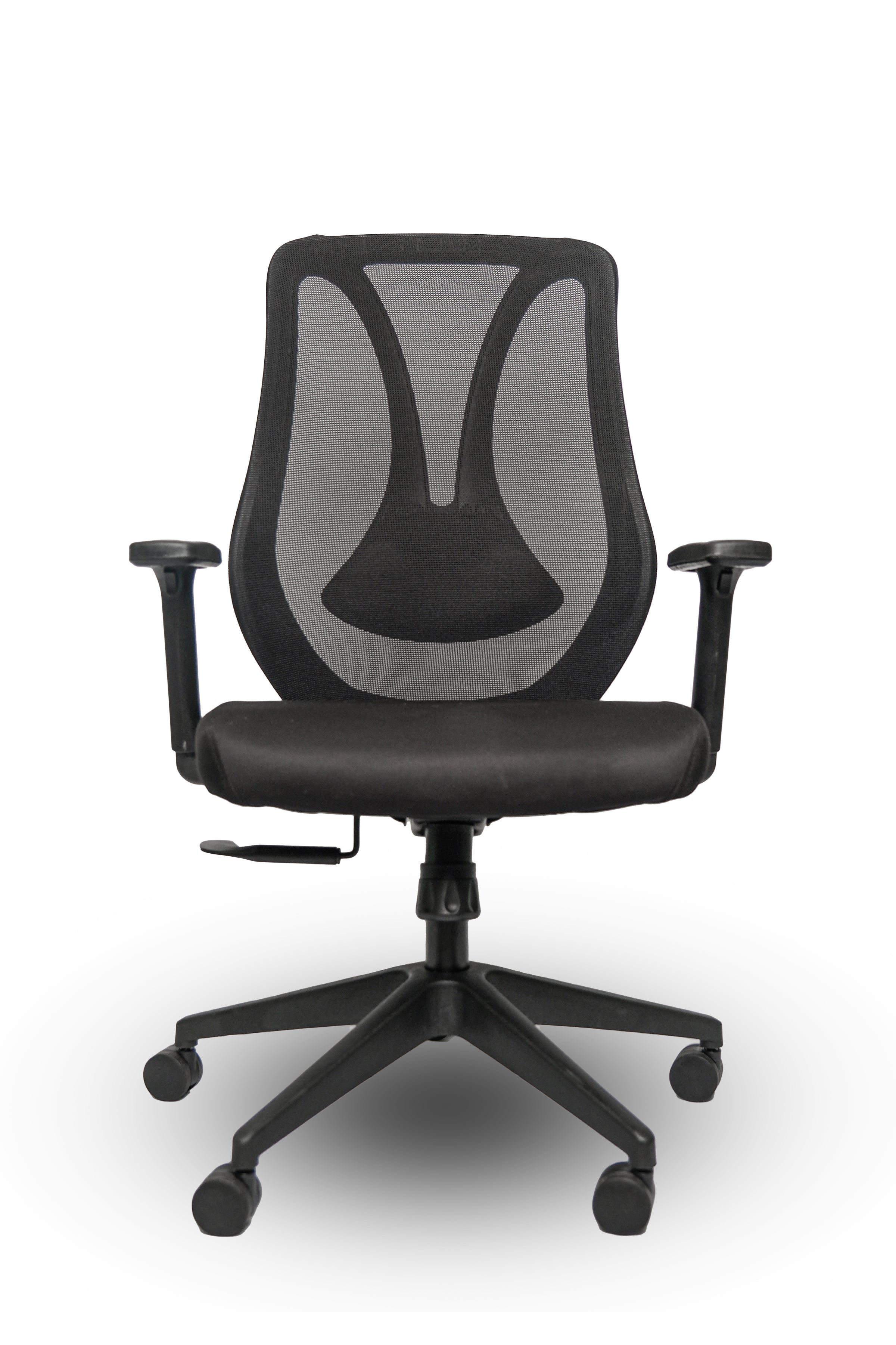 Black office chair with mesh back on a white background