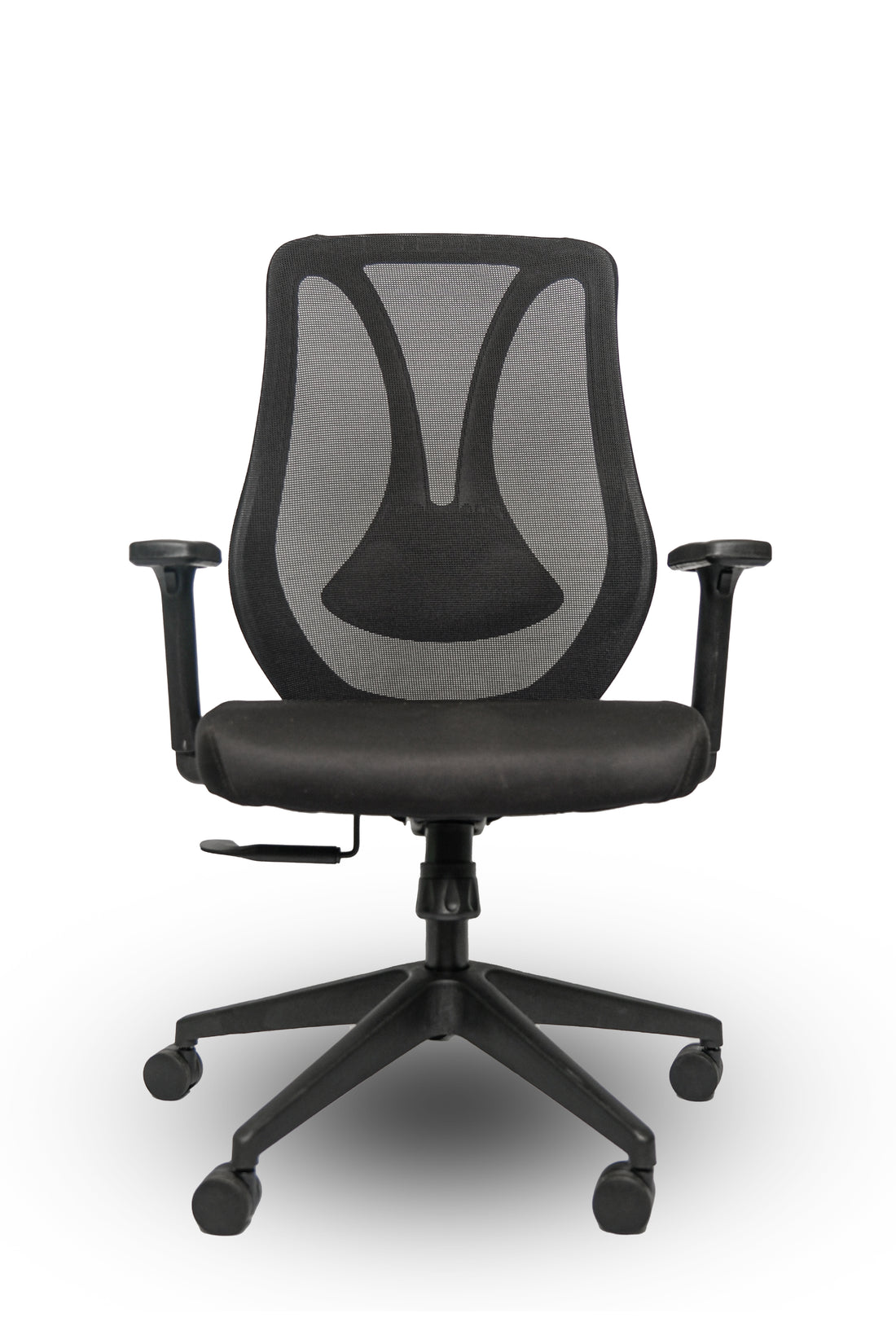 Black office chair with mesh back on a white background