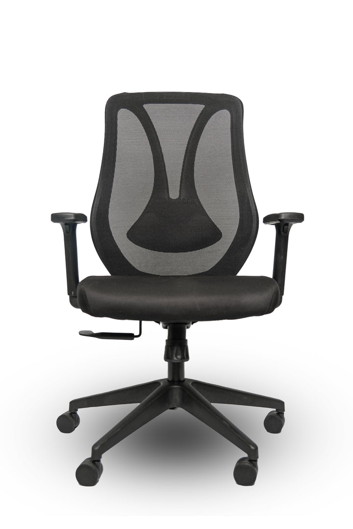 Black office chair with mesh back on a white background