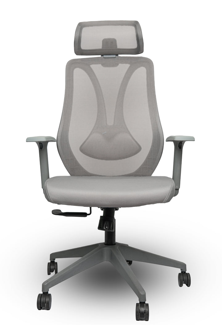 Gray office chair with mesh back and wheels on a white background