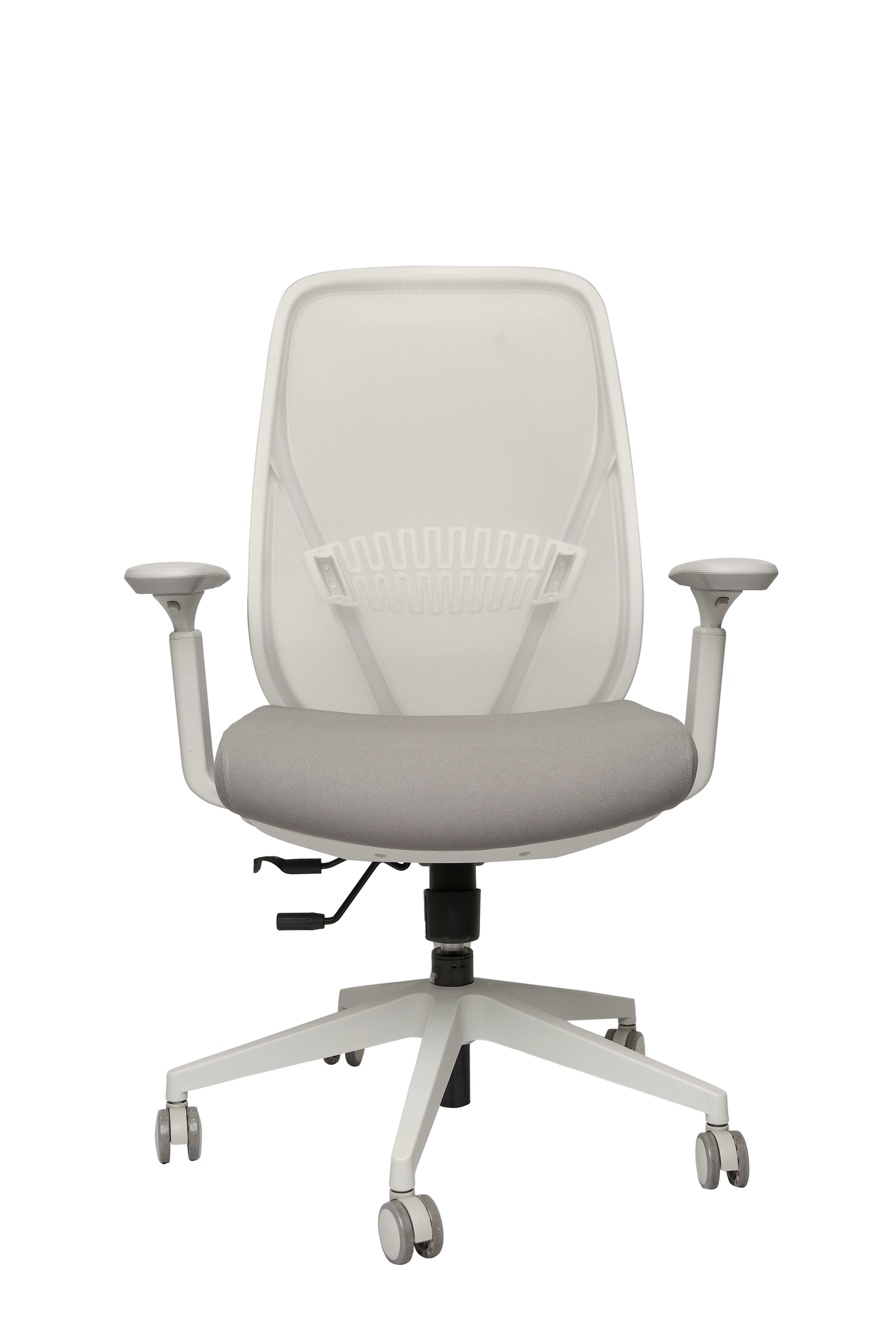 Gray office chair with mesh backrest on a white background