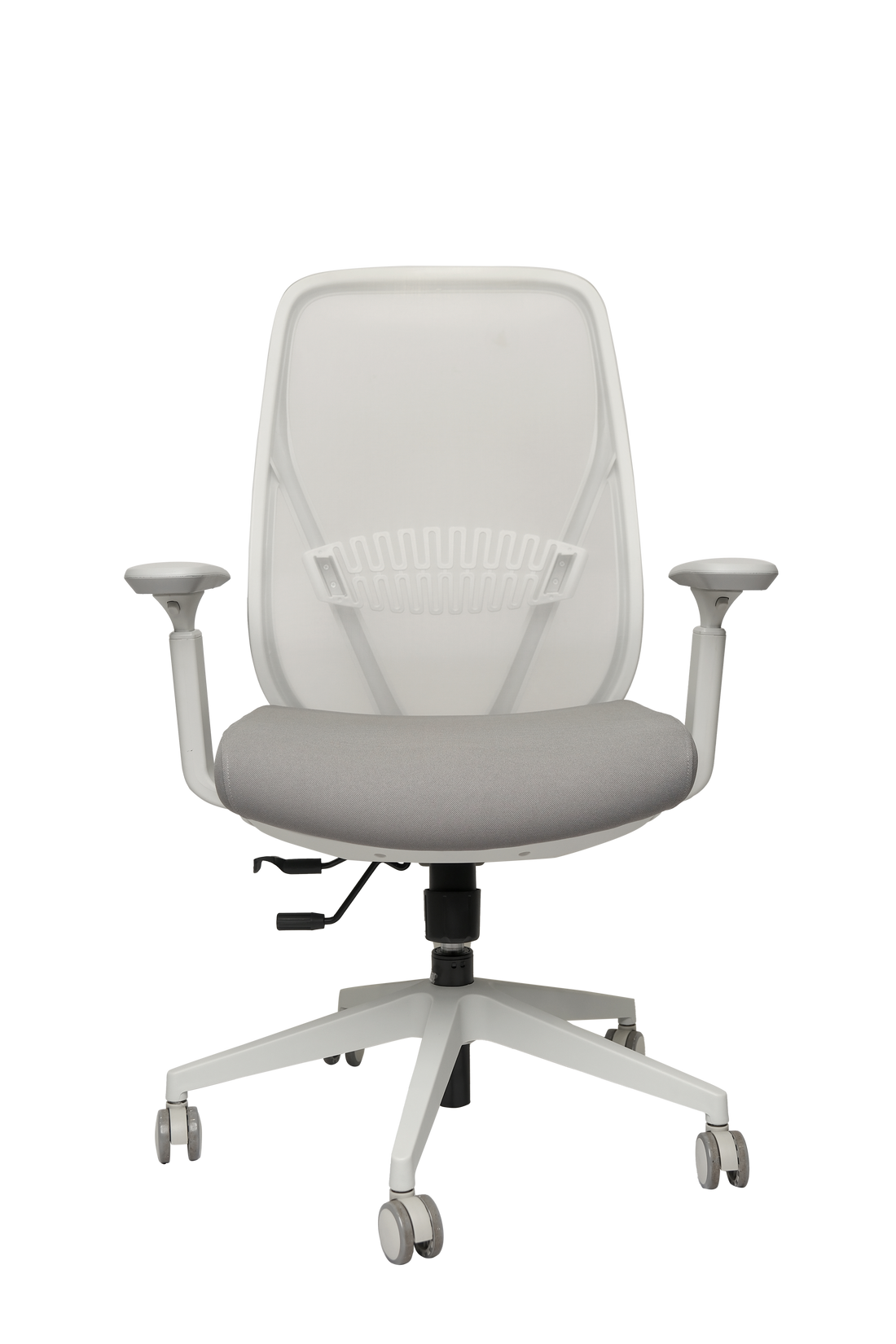 Gray office chair with mesh backrest on a white background