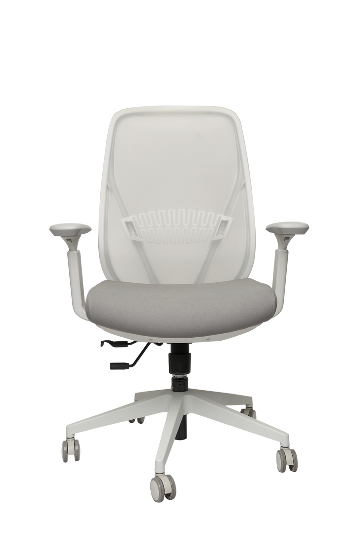 Gray office chair with mesh backrest on a white background