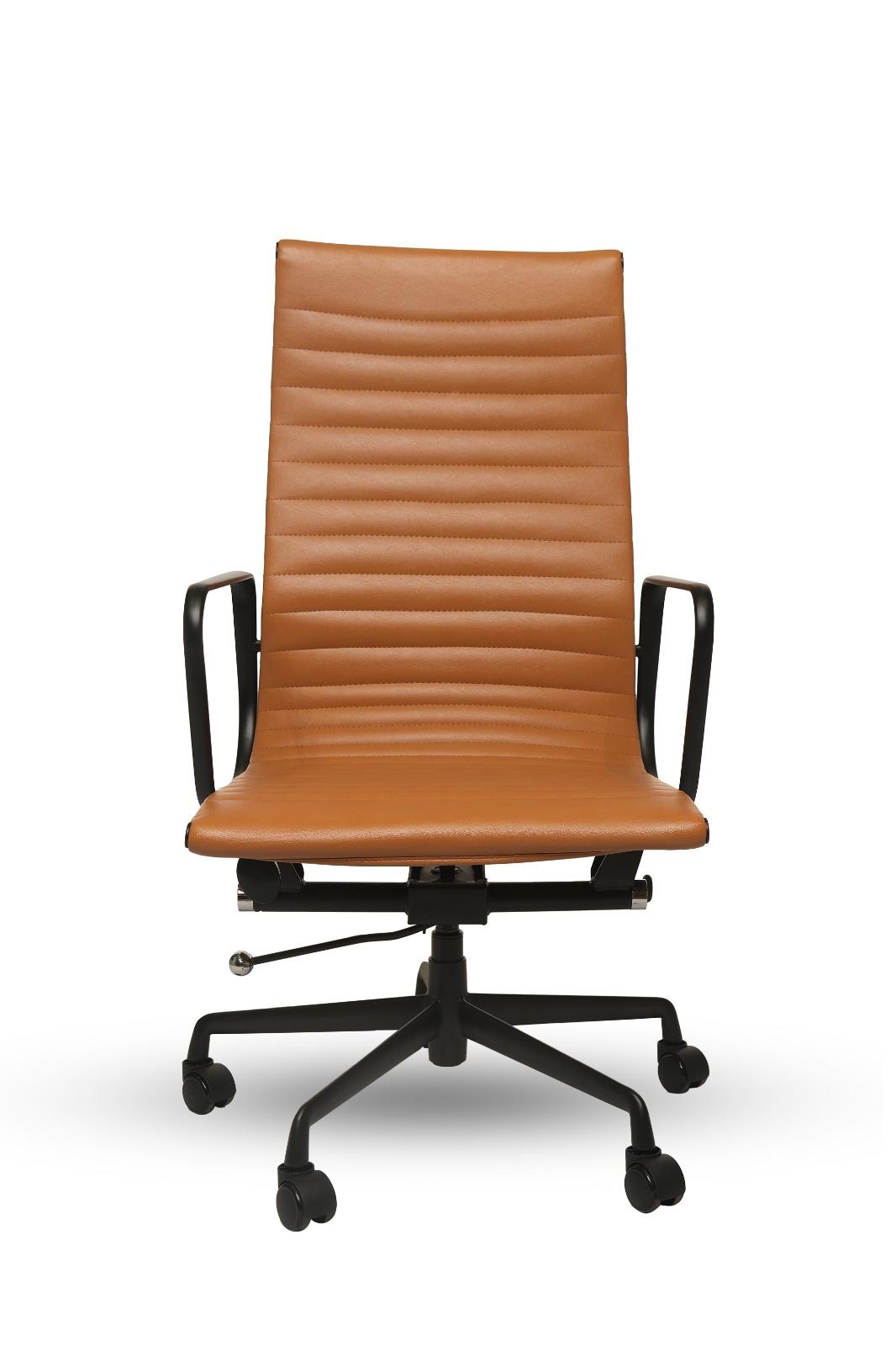 Brown office chair with black wheels on a white background