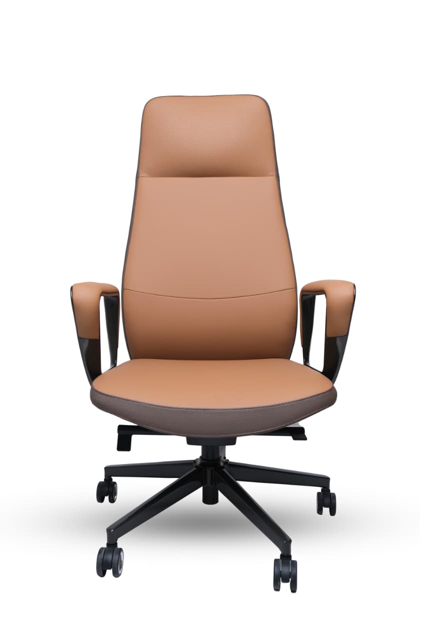 Brown office chair with black base on a white background